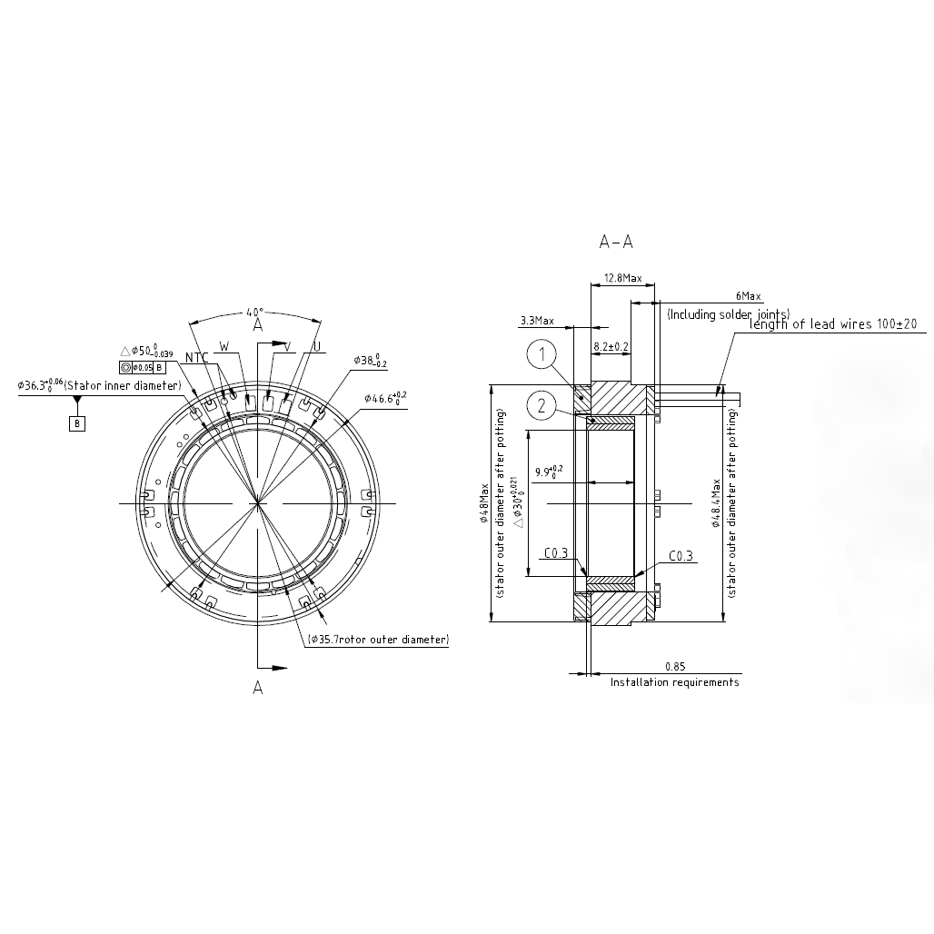 FM2-05008KTN556 Frameless Motor | 207W High Torque Density Motor for Robotic Joints | 48V