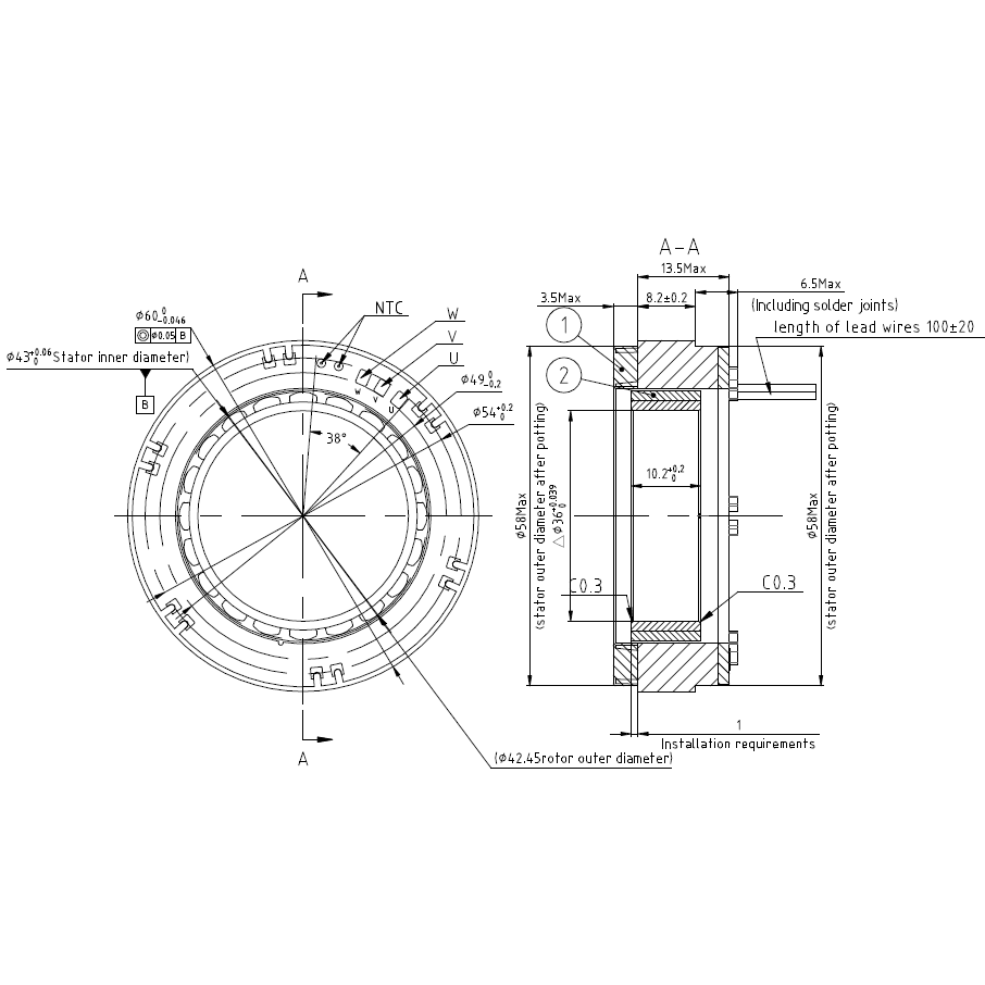 FM2-06008KTN506 Frameless Motor | 251W High Torque Density Motor for Robotic Joints | 48V