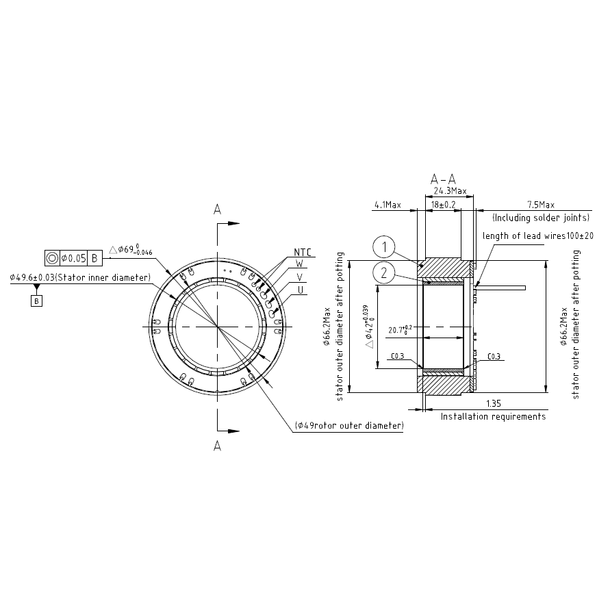 FM2-07018KTN306 Frameless Motor | 400W High Torque Density Motor for Robotic Joints | 48V
