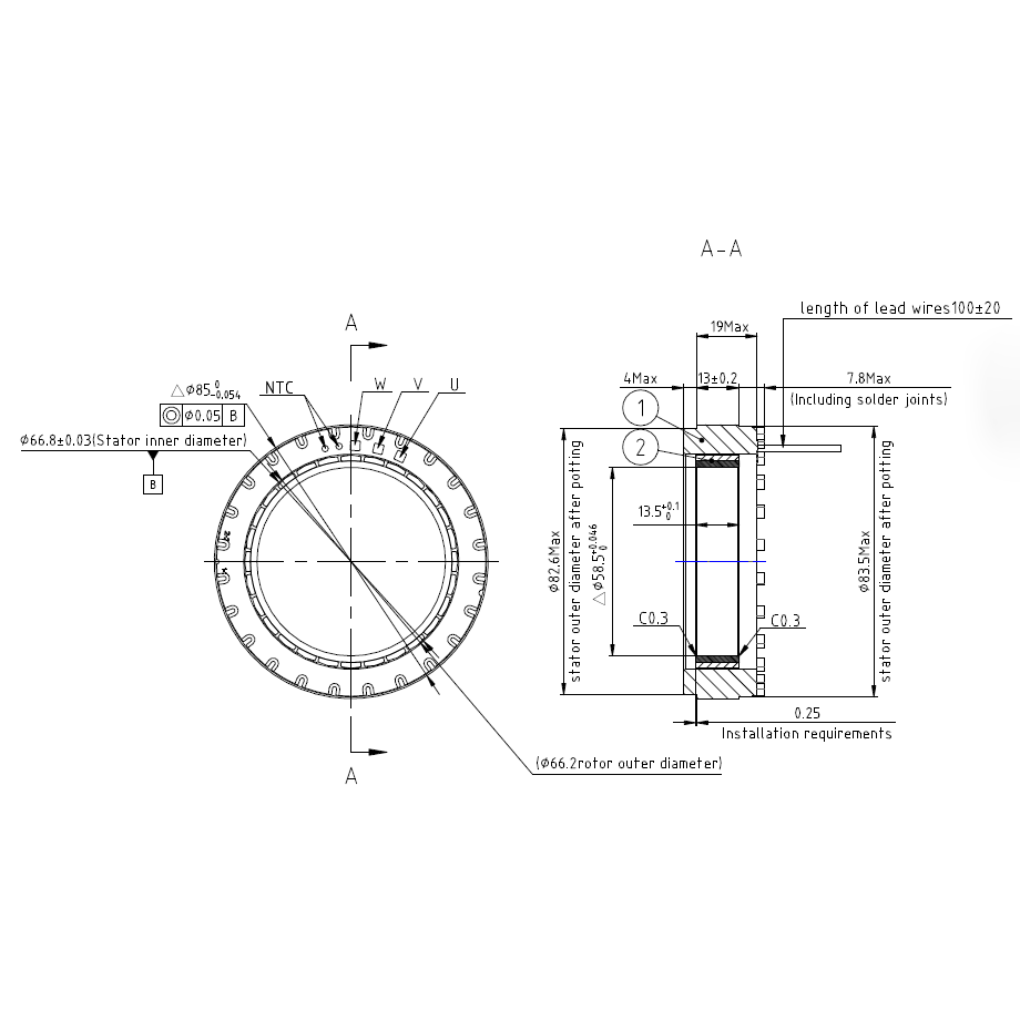 FM2-08513KTN256 Frameless Motor | 471W High Torque Density Motor for Robotic Joints | 48V