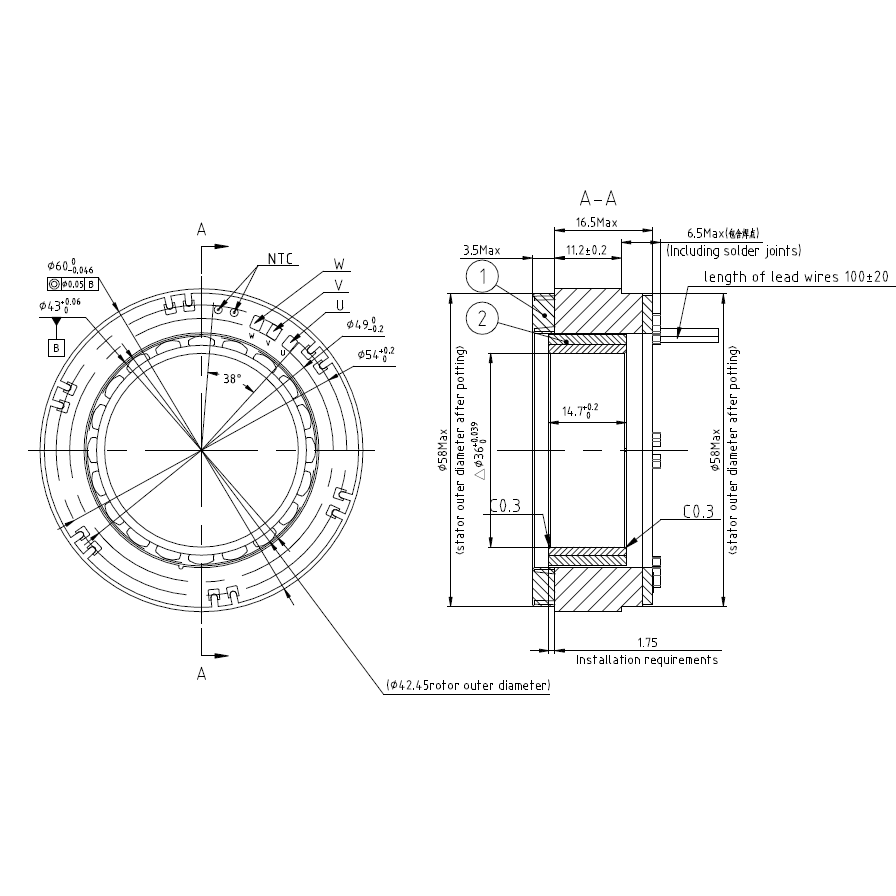 FM2-06011KTN386 Frameless Motor | 259W High Torque Density Motor for Robotic Joints | 48V