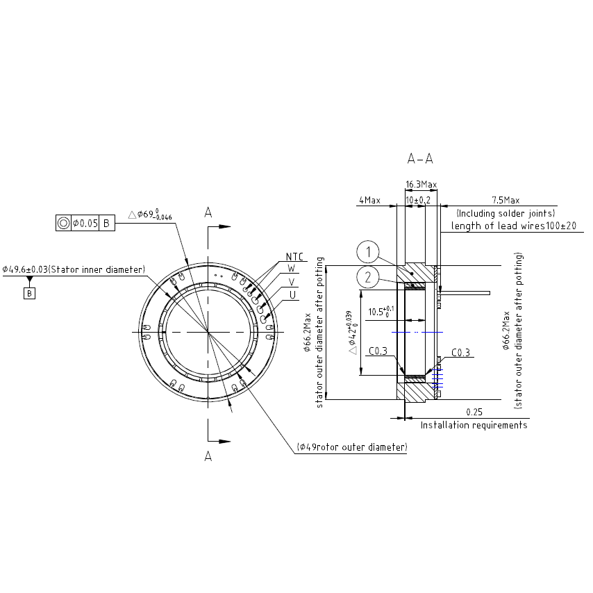 FM2-07010KTN256 Frameless Motor | 183W High Torque Density Motor for Robotic Joints | 48V