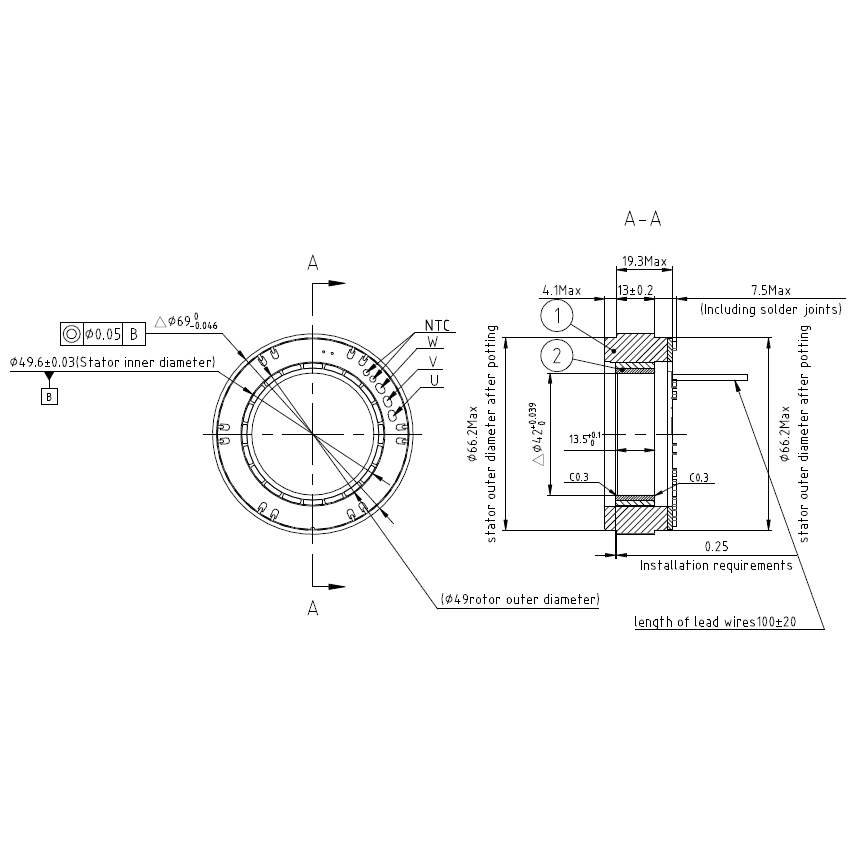 FM2-07013KTN266 Frameless Motor | 272W High Torque Density Motor for Robotic Joints | 48V