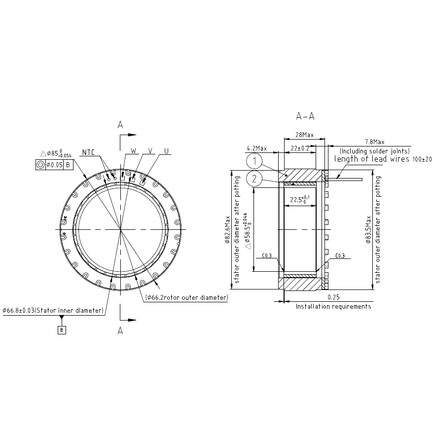 FM2-08523KTN256 Frameless Motor | 1063W High Torque Density Motor for Robotic Joints | 48V