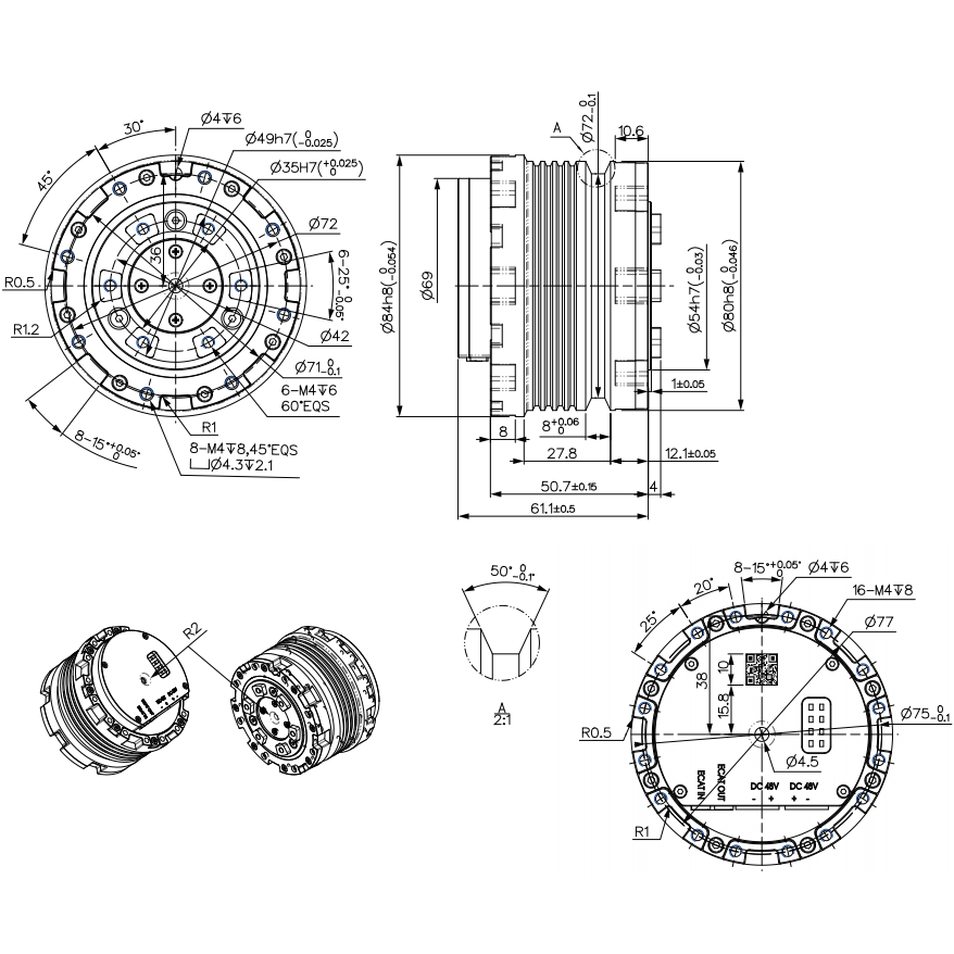 PJ3-75EC42 75mm High-Torque Planetary Integrated Actuator , EtherCAT Communication Robot Joint Module